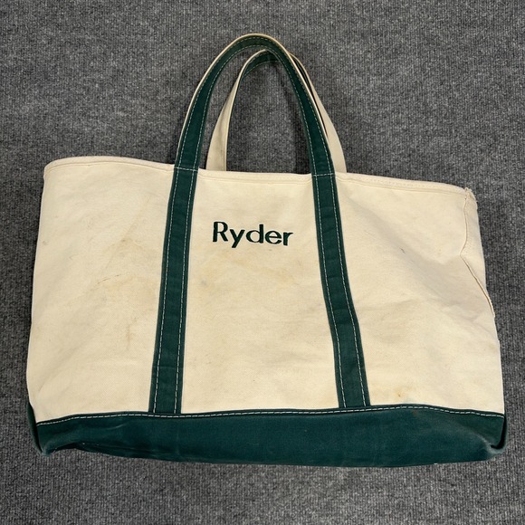Vintage LL Bean Boat and Tote XL Extra Large Canvas Bag Ivory Green Classic 90s - Picture 1 of 9